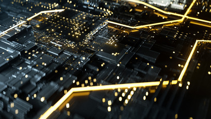 Fototapeta na wymiar 3d rendering of circuit board with yellow lines