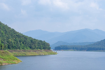 Relax and enjoy beautiful scenery at the Mae Ngat Dam and Reservoir is part of the Sri Lanna National Park, Chiang Mai, Thailand. Holiday and Travel concept
