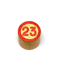 Wooden lotto barrels with numbers, bingo game. Board family game. Isolated on white background.