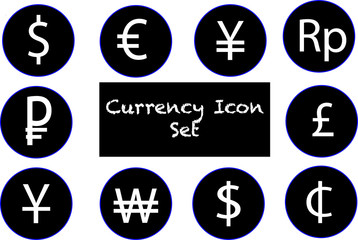 Currency Logo Icon Button set (black and white) of major money in the world including the dollar, yuan, euro, won, pound and more.