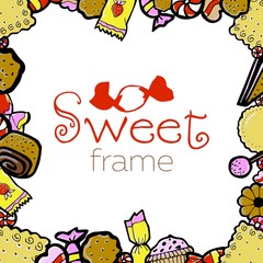 Sweet frame vector illustration of candy cookies hand drawing text