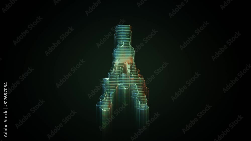 Poster 3d rendering glowing hologram of symbol of drafting compass distorted glitch green old tv screen on 