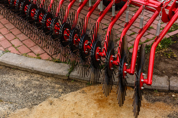 Working parts of new agricultural Harvester machine. Combine harvester agriculture machine.