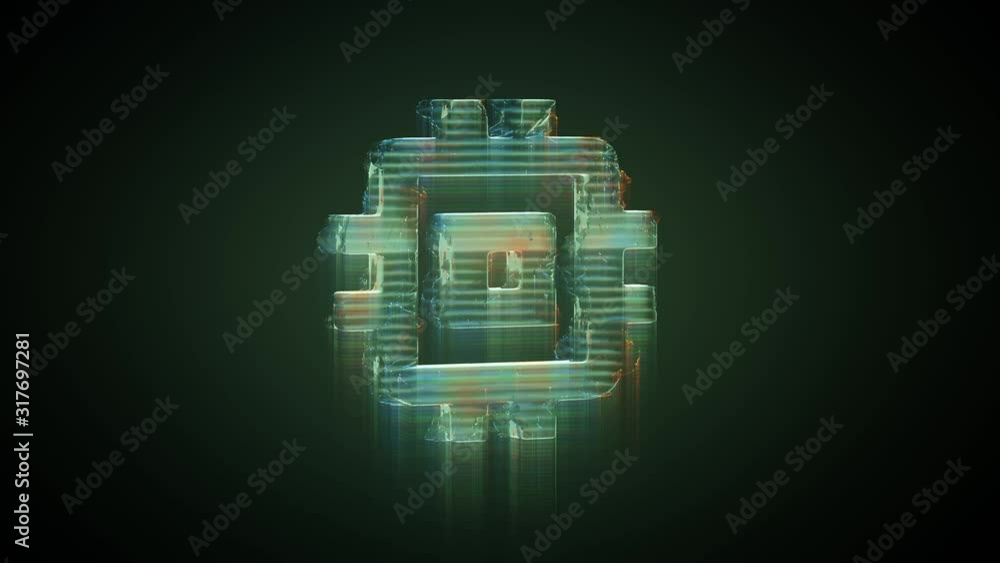 Poster 3d rendering glowing hologram of symbol of computer chip distorted glitch green old tv screen on bla