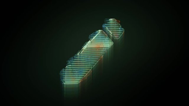 3d rendering glowing hologram of symbol of pencil with eraser on top distorted glitch green old tv screen on black background