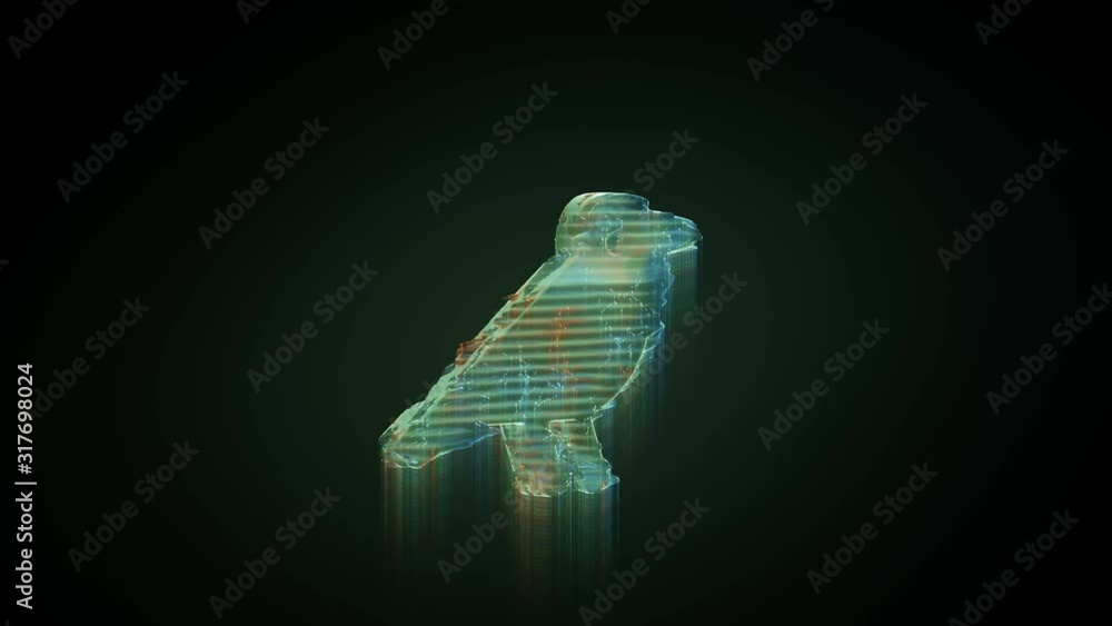 Poster 3d rendering glowing hologram of symbol of bird from profile distorted glitch green old tv screen on