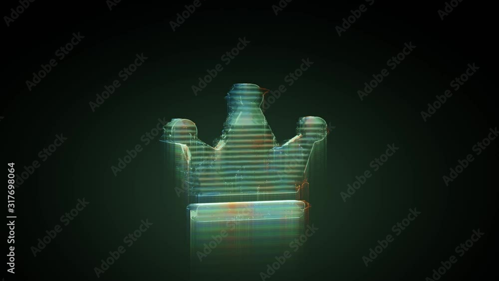 Poster 3d rendering glowing hologram of symbol of crown with three tips distorted glitch green old tv scree