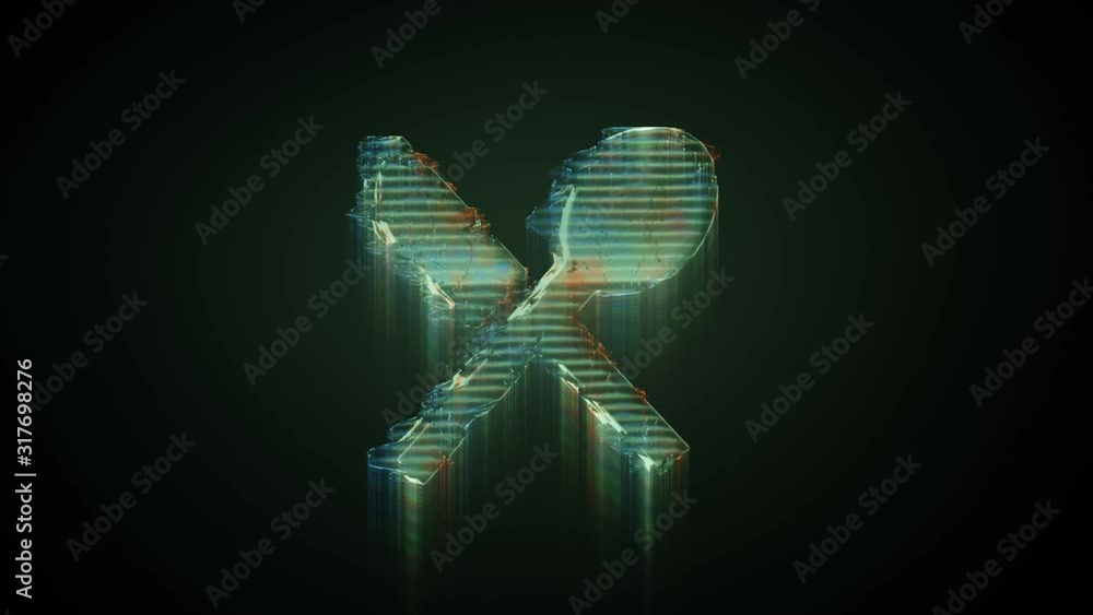Poster 3d rendering glowing hologram of symbol of spoon and knife in cross position distorted glitch green 