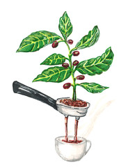 marker sketch coffee tree in the holder a Cup of hot espresso. concept for coffee shops, restaurants, and stores