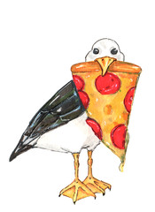 marker sketch of a Seagull with a slice of pizza in its beak. a wonderful humorous illustration