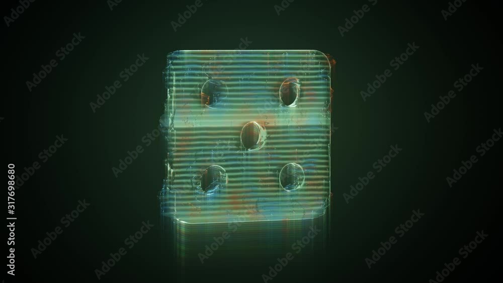 Poster 3d rendering glowing hologram of symbol of dice with five dots distorted glitch green old tv screen 