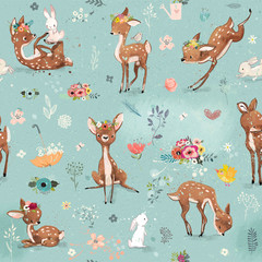 seamless pattern with little deer and hare