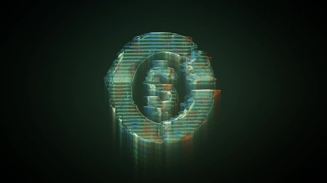 3d rendering glowing hologram of symbol of circular diagram with dollar symbol in the middle distorted glitch green old tv screen on black background