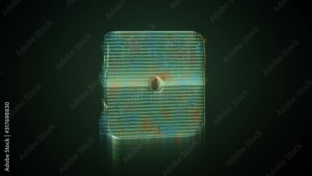 Poster 3d rendering glowing hologram of symbol of dice with one dot distorted glitch green old tv screen on