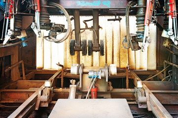 Closeup of innards of machine shop lathe