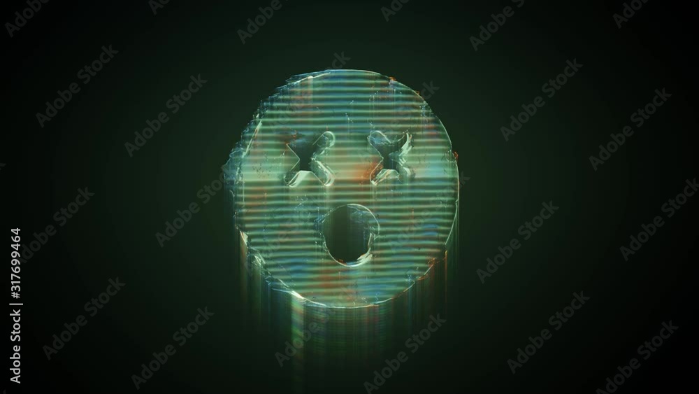 Poster 3d rendering glowing hologram of symbol of dizzy emoticon distorted glitch green old tv screen on bl