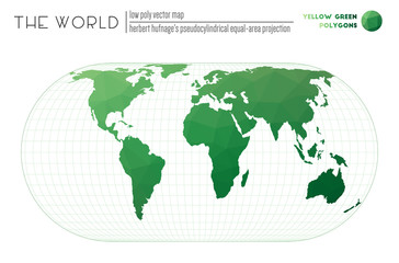 Abstract world map. Herbert Hufnage's pseudocylindrical equal-area projection of the world. Yellow Green colored polygons. Amazing vector illustration.