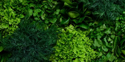 Gordijnen Fresh green lettuce salad mix on light wooden background with copy space © zhinna