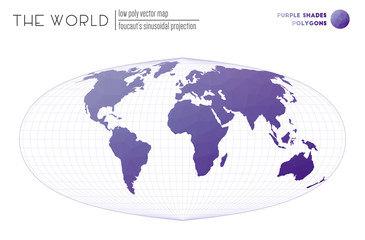 Polygonal world map. Foucault's sinusoidal projection of the world. Purple shades colored polygons. Amazing vector illustration.