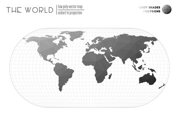 Polygonal world map. Eckert III projection of the world. Grey Shades colored polygons. Creative vector illustration.