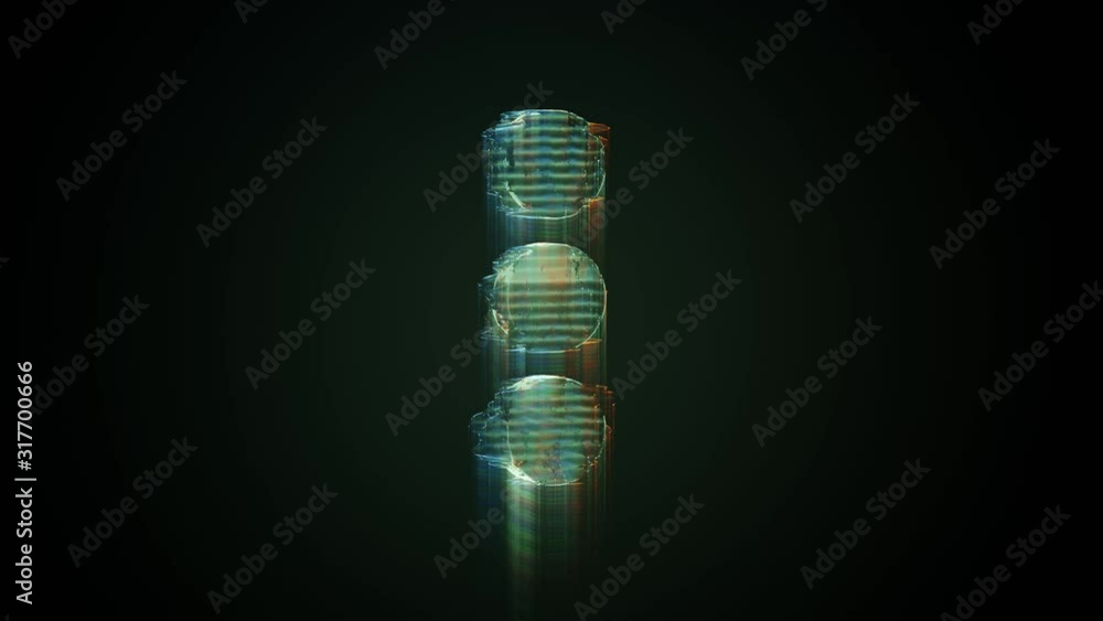 Poster 3d rendering glowing hologram of symbol of three dots in vertical position distorted glitch green ol
