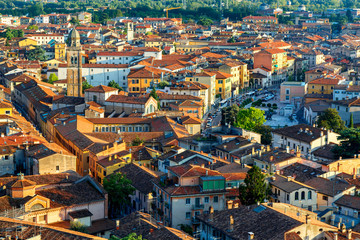 Fototapeta na wymiar Aerial city view of Verona, Italy during sunset in summer. Tourism background concept.