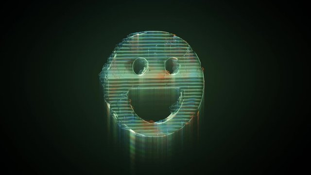 3d rendering glowing hologram of symbol of joyful emoticon distorted glitch green old tv screen on black background