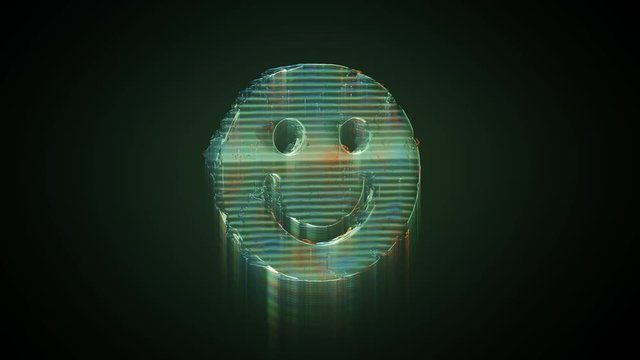 3d rendering glowing hologram of symbol of smiling emoticon distorted glitch green old tv screen on black background