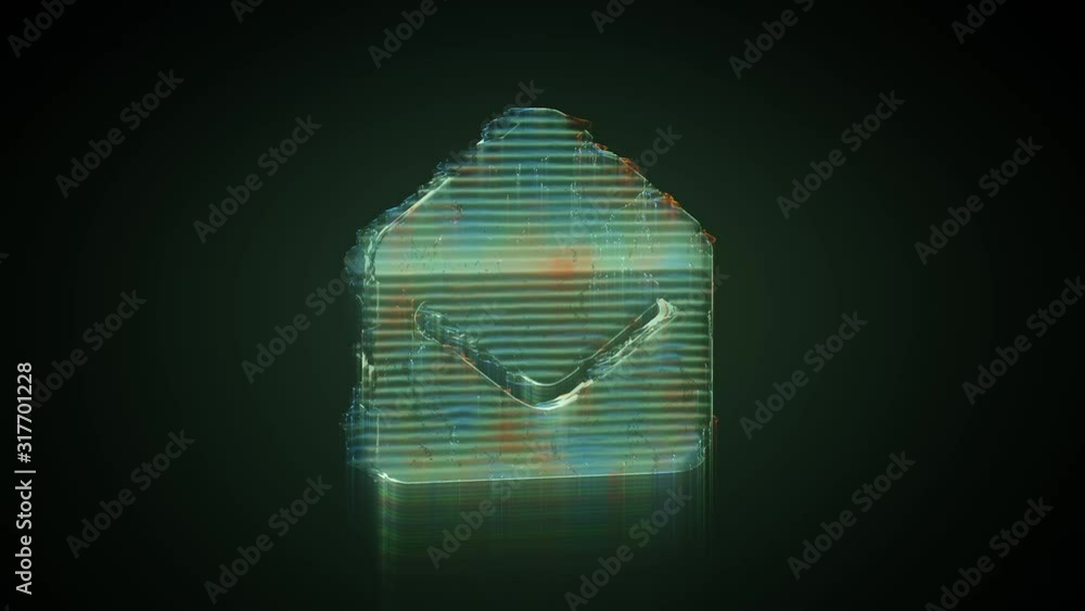 Poster 3d rendering glowing hologram of symbol of post envelope open distorted glitch green old tv screen o
