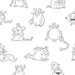 Obraz premium Vector seamless pattern with monsters on white background. Cute cartoon fantastic animals. Doodle style. Contour imagel.