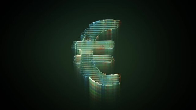 3d rendering glowing hologram of symbol of euro sign distorted glitch green old tv screen on black background