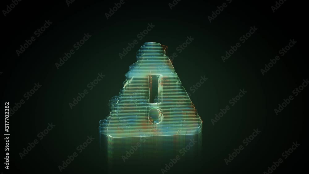 Poster 3d rendering glowing hologram of symbol of exclamation symbol in triangle distorted glitch green old