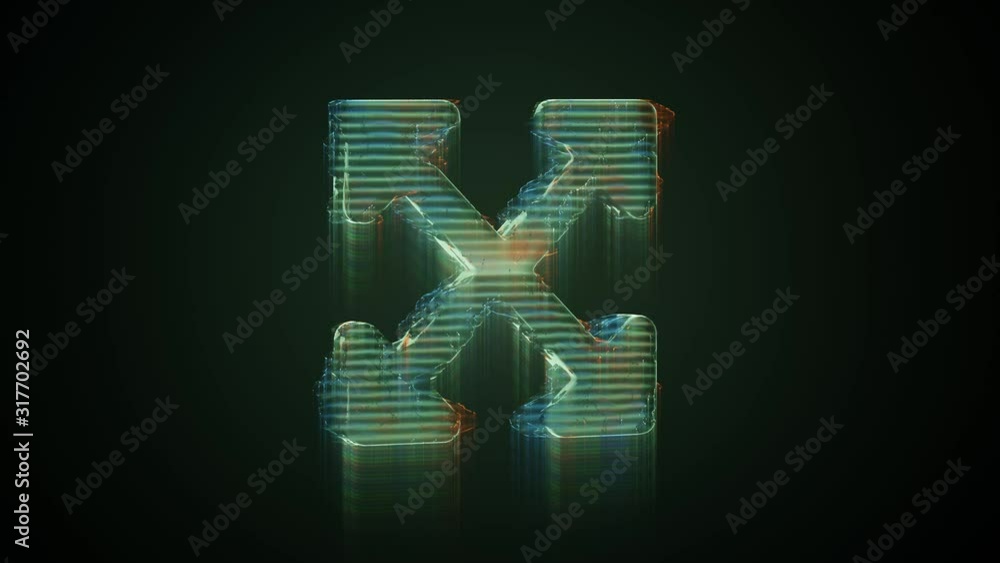 Poster 3d rendering glowing hologram of symbol of expand arrows with rounded corners distorted glitch green