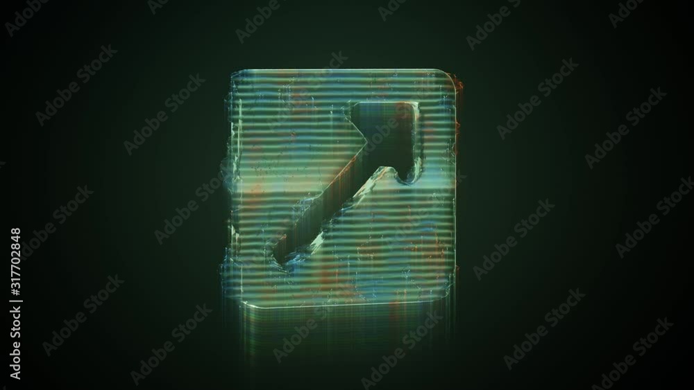 Poster 3d rendering glowing hologram of symbol of square with up arrow inside distorted glitch green old tv