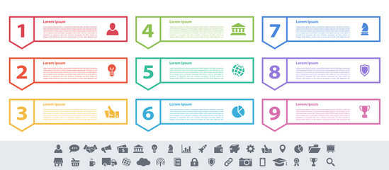 Infographic design business concept vector illustration with 9 steps or options or processes represent work flow or diagram or web button banner