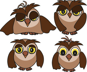 Set of sleepy owls with different emotions, vector drawing