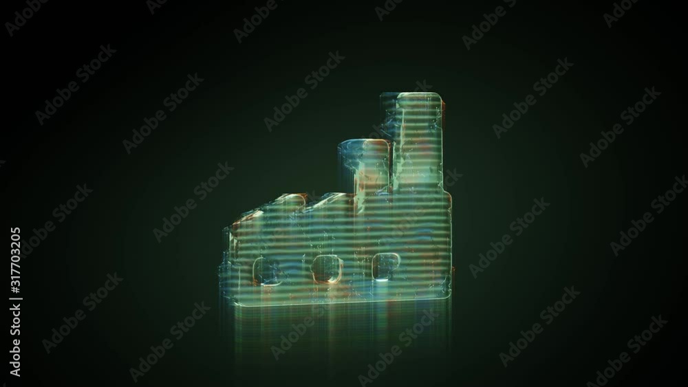 Poster 3d rendering glowing hologram of symbol of factory building distorted glitch green old tv screen on 