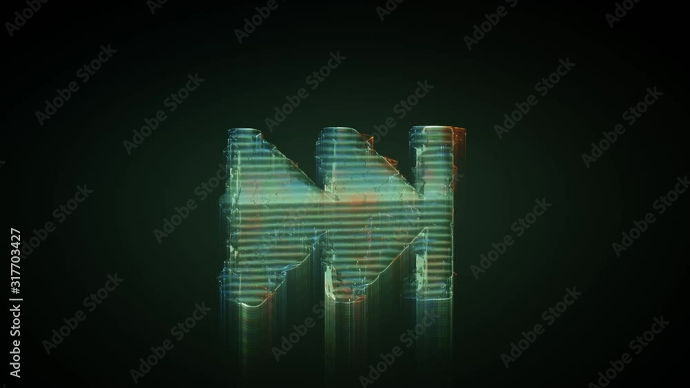 Poster 3d rendering glowing hologram of symbol of fast forward symbol distorted glitch green old tv screen 