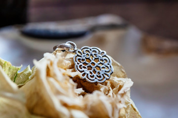 Silver pendant with lotus blossom shape in madala round metal disc, dry rose background