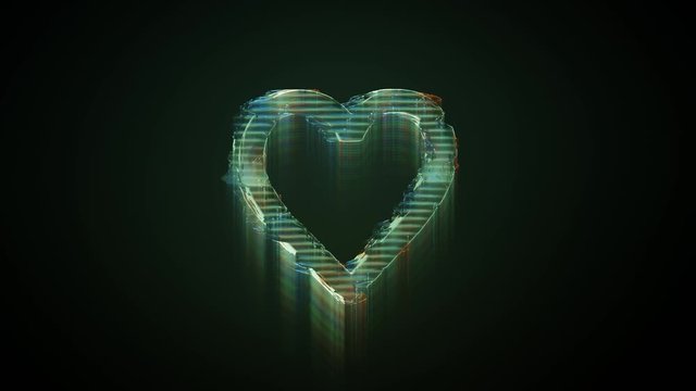 3d rendering glowing hologram of symbol of heart distorted glitch green old tv screen on black background