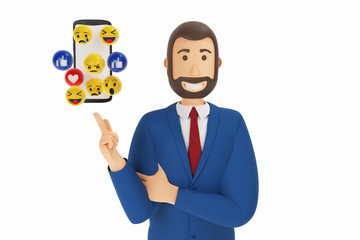 Cartoon character, businessman in suit with pointing finger at mobile phone. Concept icon emoji. 3d rendering