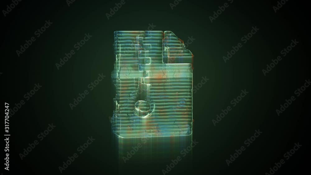 Poster 3d rendering glowing hologram of symbol of paper with bent corner and zip distorted glitch green old