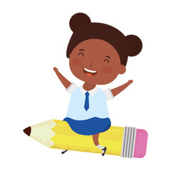 cute little student afro girl seated in pencil character