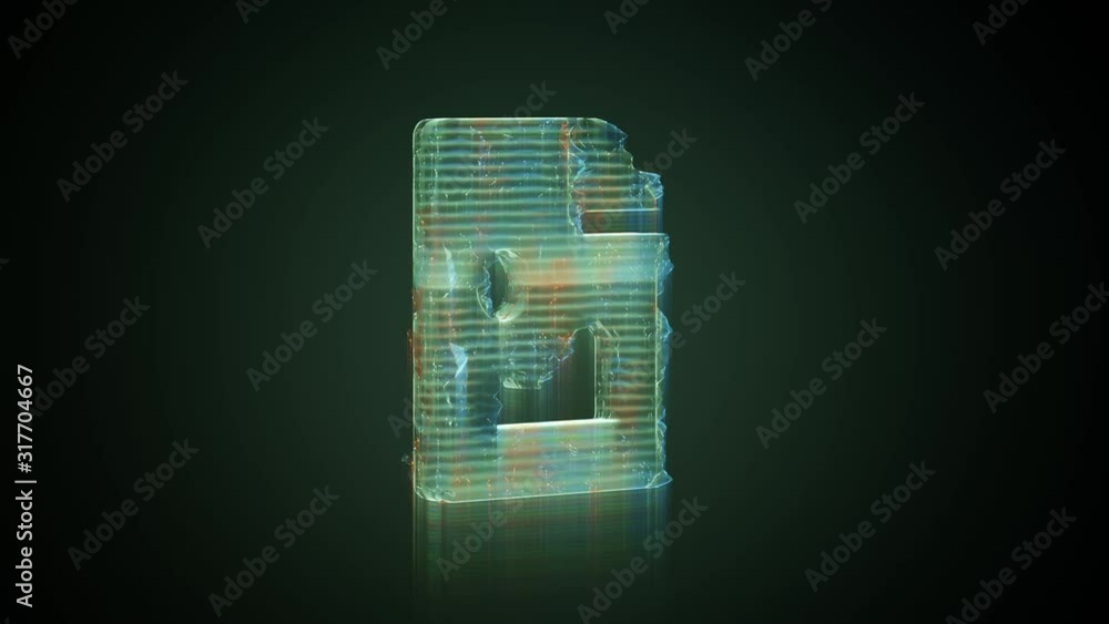 Poster 3d rendering glowing hologram of symbol of paper with bent corner and landscape distorted glitch gre