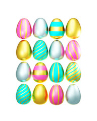Rectangular composition of pink, gold, silver and blue Easter eggs on a white background. 3D illustration with decorated stripes and metallic foil symbols of the Christian spring holiday.