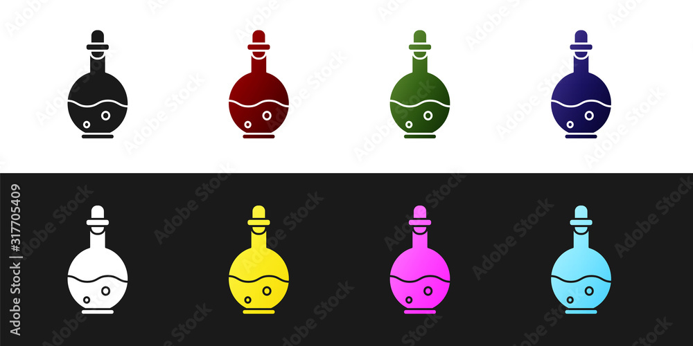 Poster set glass bottle with magic elixir icon isolated on black and white background. computer game asset.