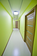 the interior is modern, big, long corridor in shades of green