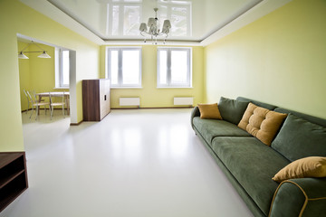 interior of a modern large bright room in light green tones
