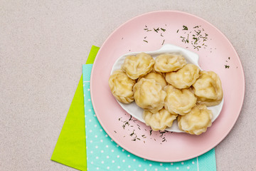 Fish dumplings. The concept of healthy food for children. Stone concrete background