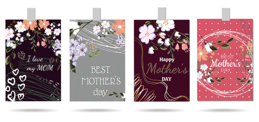 Set of Mother's day greeting card greeting cards with simple flowers. Vector illustration.